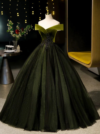 A-Line Off Shoulder Velvet Tulle Green Long Prom Dress, Green Long Formal Dress EW091
