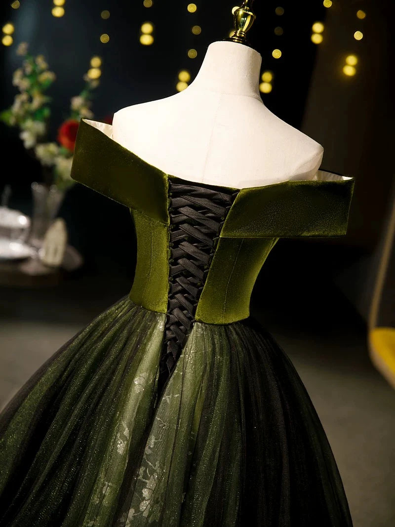 A-Line Off Shoulder Velvet Tulle Green Long Prom Dress, Green Long Formal Dress EW091