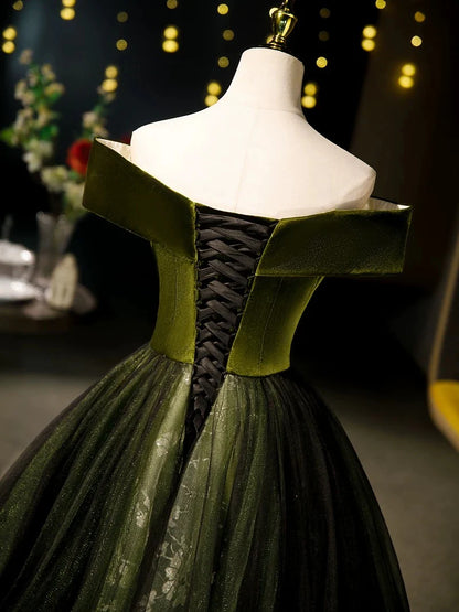 A-Line Off Shoulder Velvet Tulle Green Long Prom Dress, Green Long Formal Dress EW091