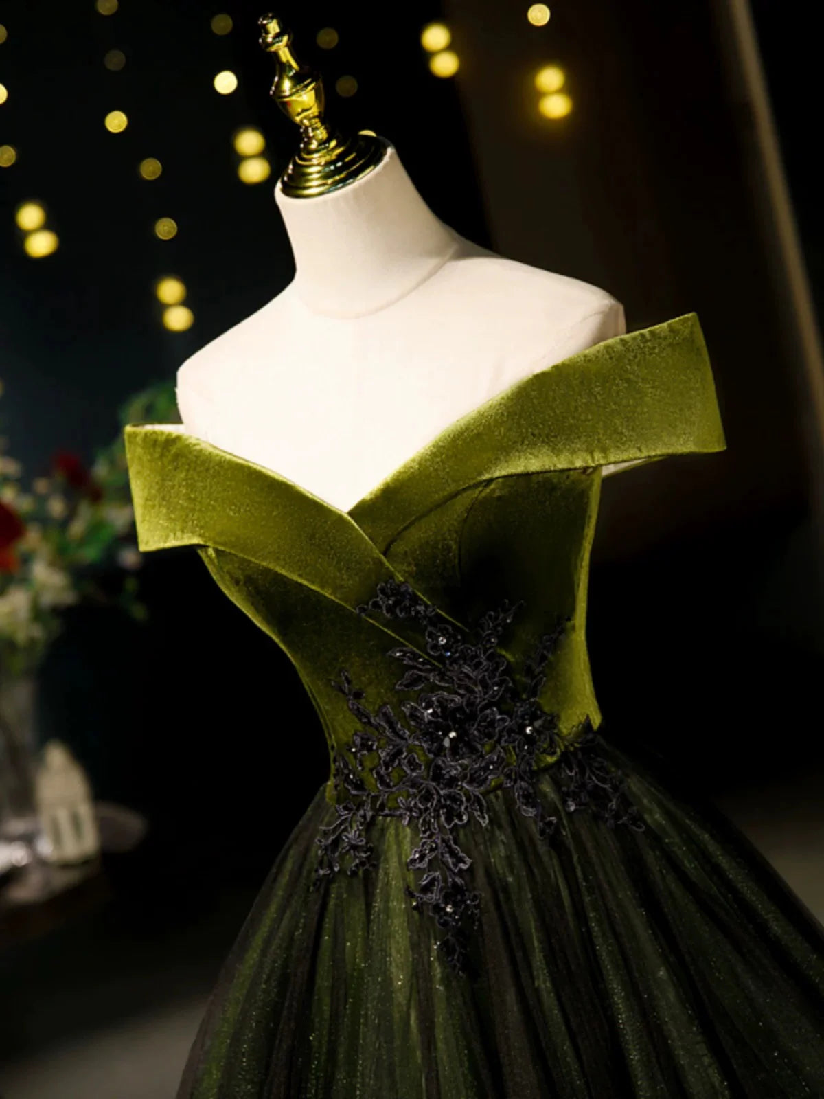 A-Line Off Shoulder Velvet Tulle Green Long Prom Dress, Green Long Formal Dress EW091