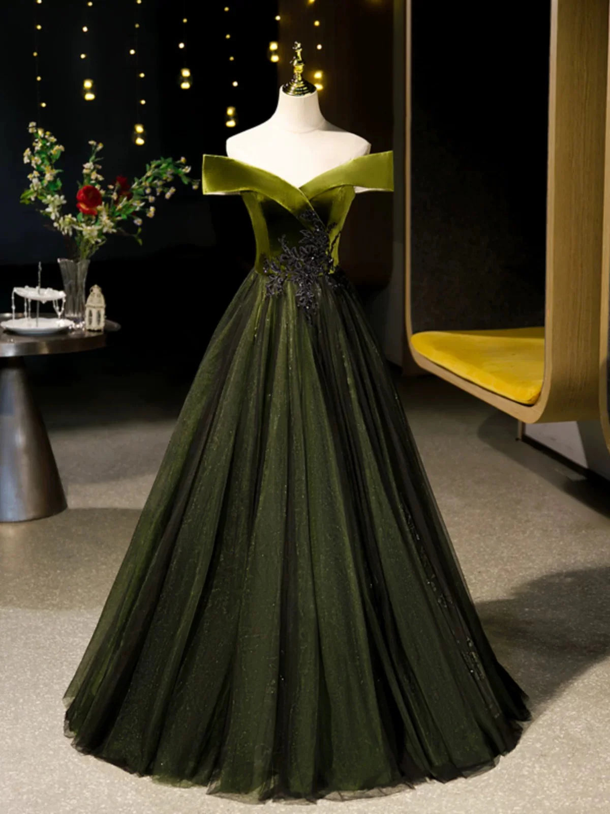 A-Line Off Shoulder Velvet Tulle Green Long Prom Dress, Green Long Formal Dress EW091