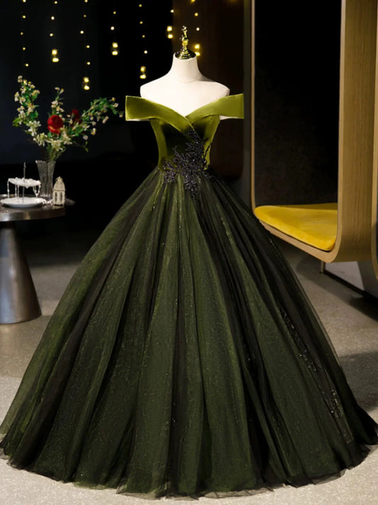 A-Line Off Shoulder Velvet Tulle Green Long Prom Dress, Green Long Formal Dress EW091