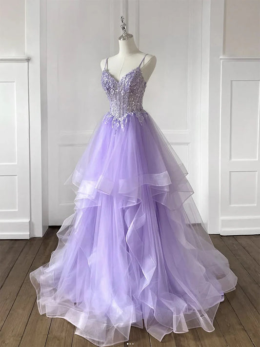 A-Line V Neck Tulle Sequin Blue Long Prom Dress, Blue Long Evening Dress EW092