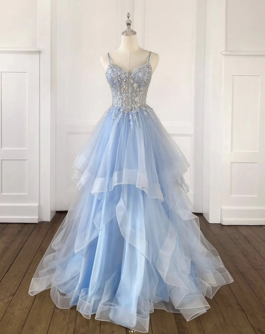 A-Line V Neck Tulle Sequin Blue Long Prom Dress, Blue Long Evening Dress EW092