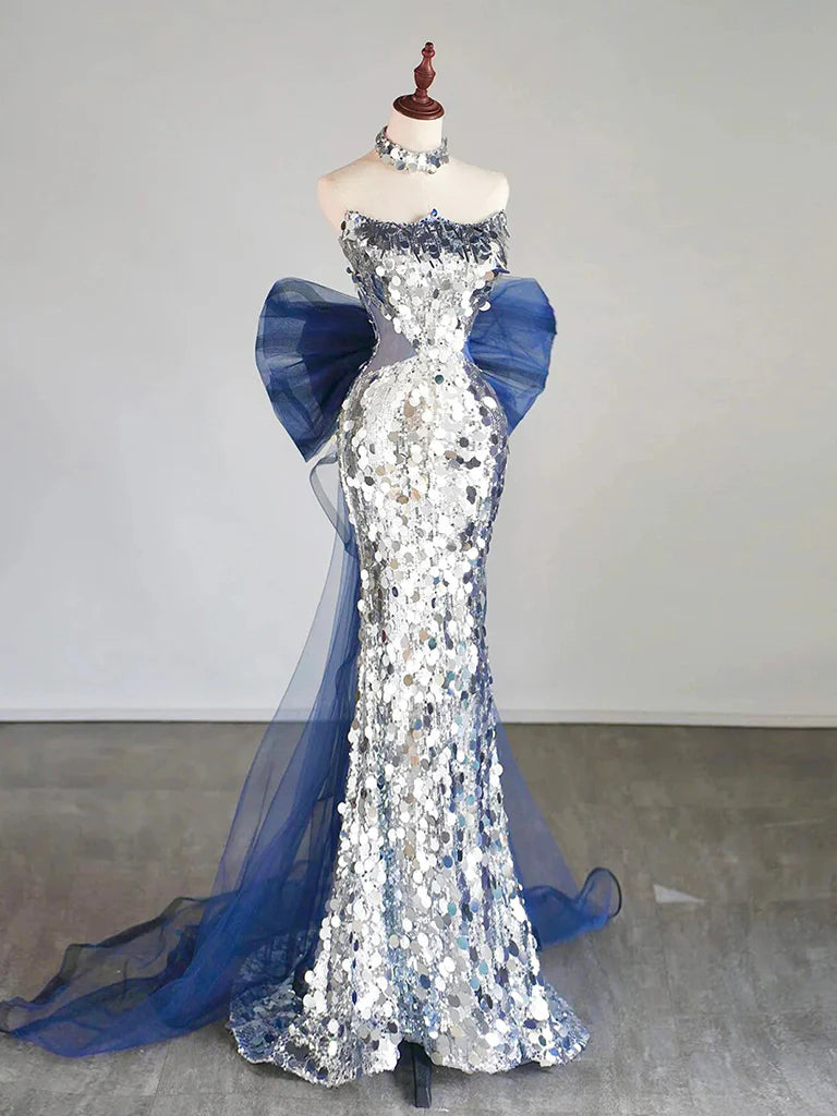 Mermaid Tulle Sequin Silver Long Prom Dress, Strapless Long Party Dress EW093
