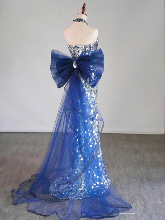 Mermaid Tulle Sequin Silver Long Prom Dress, Strapless Long Party Dress EW093