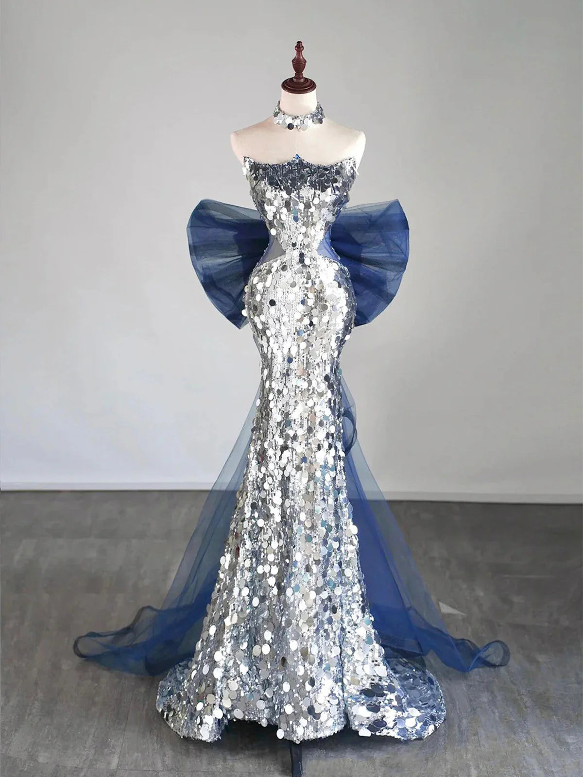 Mermaid Tulle Sequin Silver Long Prom Dress, Strapless Long Party Dress EW093