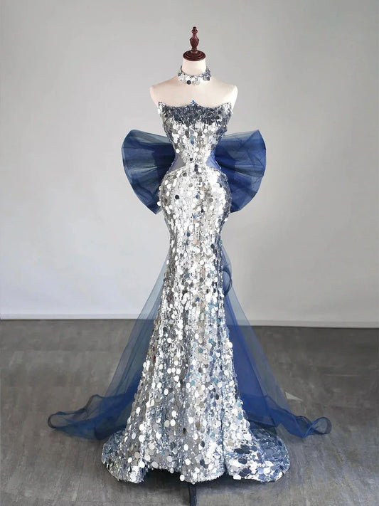 Mermaid Tulle Sequin Silver Long Prom Dress, Strapless Long Party Dress EW093