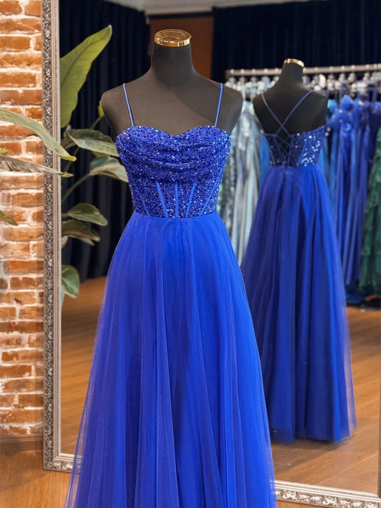 A-Line Sweetheart Neck Tulle Sequin Blue Long Prom Dresses, Blue Long Formal Dresses EW094