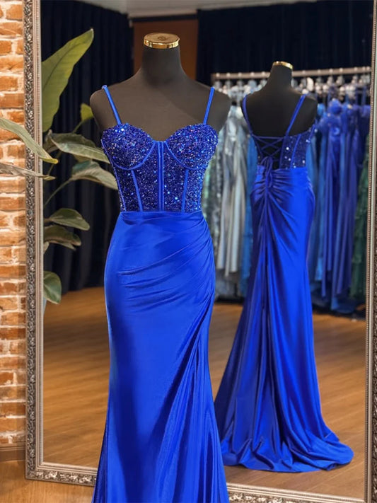 A-Line Sweetheart Neck Tulle Sequin Blue Long Prom Dresses, Blue Long Formal Dresses EW094