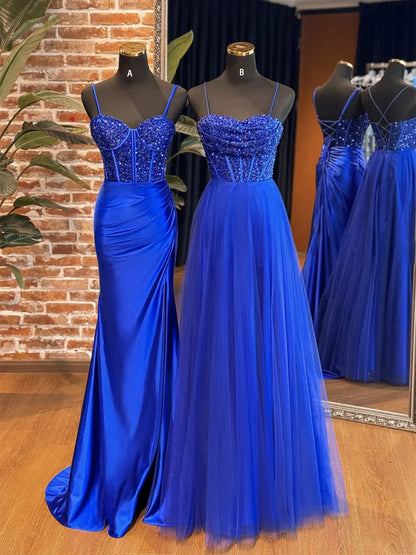 A-Line Sweetheart Neck Tulle Sequin Blue Long Prom Dresses, Blue Long Formal Dresses EW094