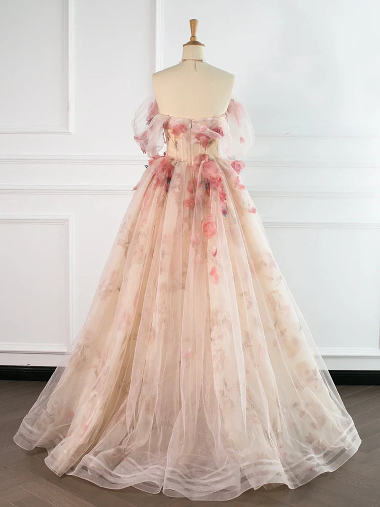 A-Line Tulle Applique Light Champagne Long Prom Dress, Light Champagne Formal Dress EW095