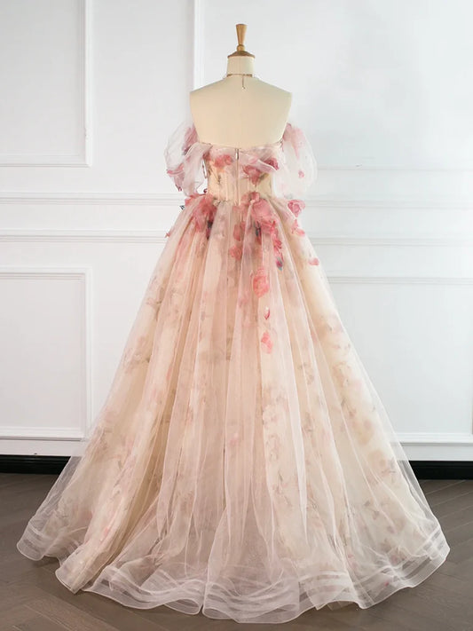 A-Line Tulle Applique Light Champagne Long Prom Dress, Light Champagne Formal Dress EW095