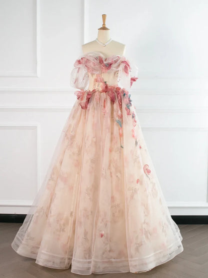 A-Line Tulle Applique Light Champagne Long Prom Dress, Light Champagne Formal Dress EW095