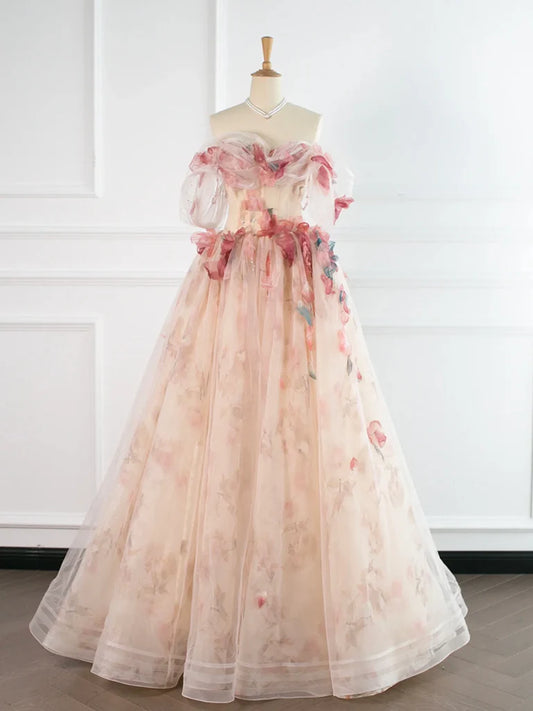 A-Line Tulle Applique Light Champagne Long Prom Dress, Light Champagne Formal Dress EW095