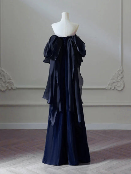 Simple Satin Sheath Long Prom Dress, Dark Blue Long Evening Dress EW096