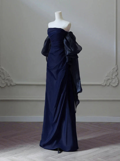 Simple Satin Sheath Long Prom Dress, Dark Blue Long Evening Dress EW096