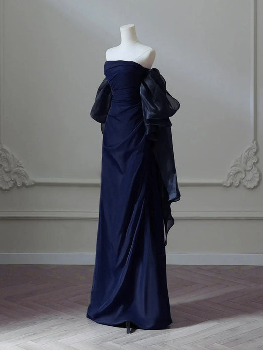 Simple Satin Sheath Long Prom Dress, Dark Blue Long Evening Dress EW096