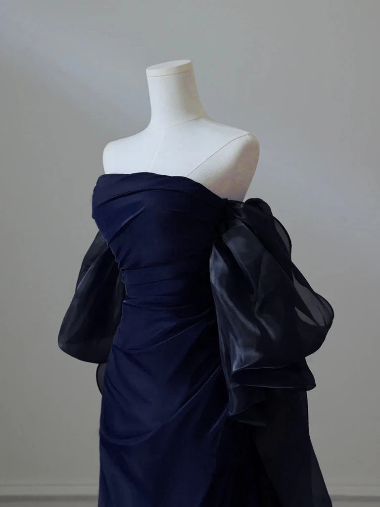 Simple Satin Sheath Long Prom Dress, Dark Blue Long Evening Dress EW096