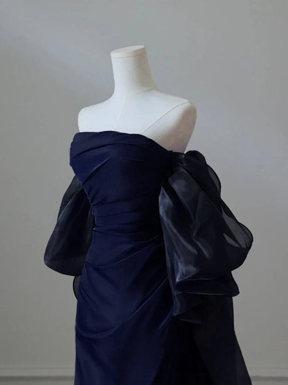 Simple Satin Sheath Long Prom Dress, Dark Blue Long Evening Dress EW096
