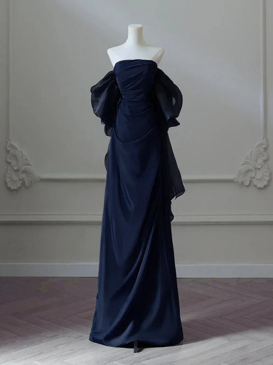 Simple Satin Sheath Long Prom Dress, Dark Blue Long Evening Dress EW096