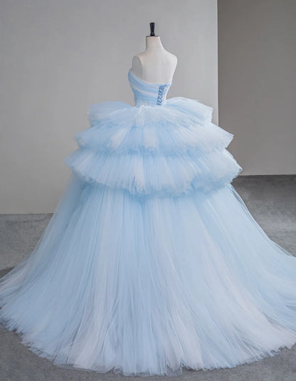 Blue Sweetheart Neck Ball Gown Tiered Tulle Long Prom Dresses, Blue Sweet 16 Dress EW097
