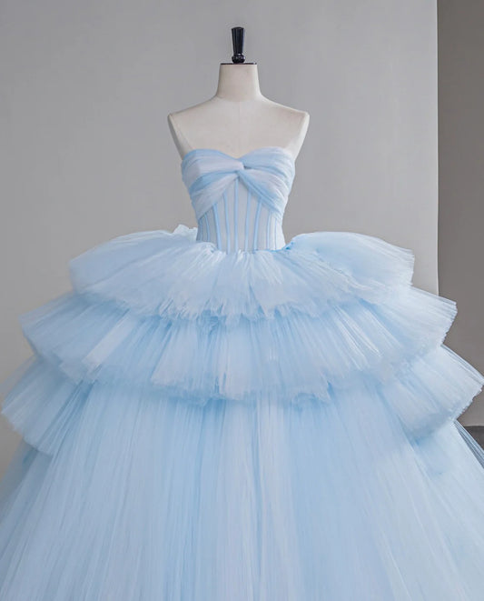 Blue Sweetheart Neck Ball Gown Tiered Tulle Long Prom Dresses, Blue Sweet 16 Dress EW097