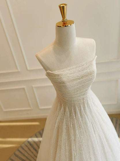 A-Line Tulle Lace Sequin Light Champagne Simple Wedding Dresses EW098