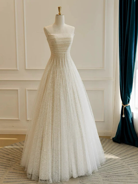 A-Line Tulle Lace Sequin Light Champagne Simple Wedding Dresses EW098