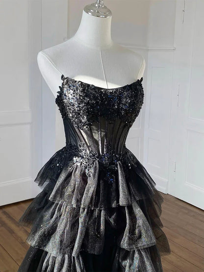 A-Line Tulle Applique Black Long Prom Dress, Black Long Formal Dress EW099