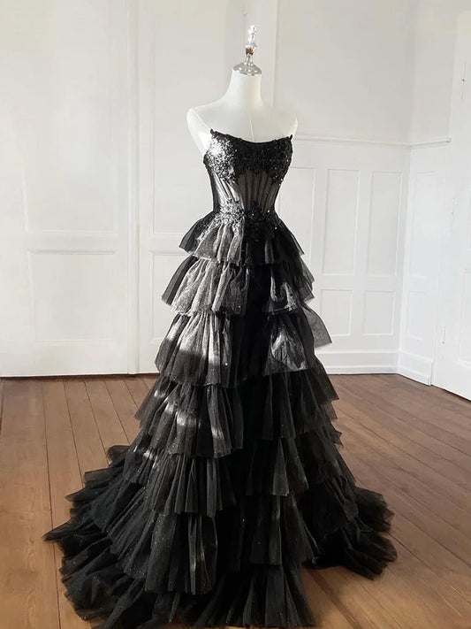 A-Line Tulle Applique Black Long Prom Dress, Black Long Formal Dress EW099