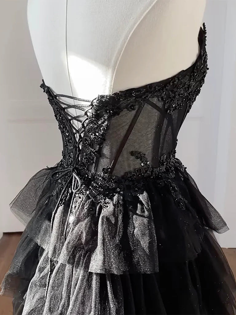 A-Line Tulle Applique Black Long Prom Dress, Black Long Formal Dress EW099