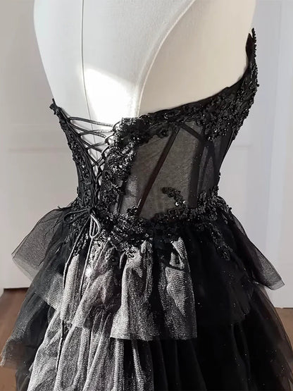 A-Line Tulle Applique Black Long Prom Dress, Black Long Formal Dress EW099