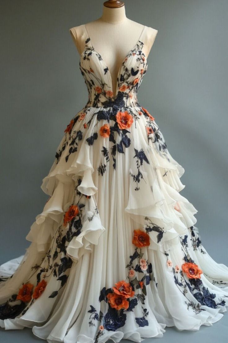 Vintage Floral Applique Prom Dress Long A-Line Evening Dress Chiffon Formal Dress, DP6593