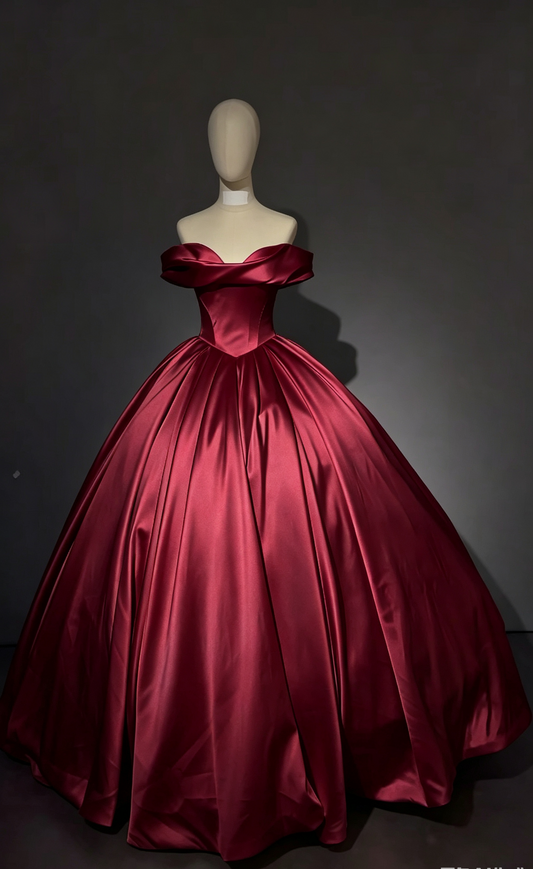 Gorgeous Off-shoulder A-Line Satin Long Evening Dress Burgundy Prom Dress ED09151