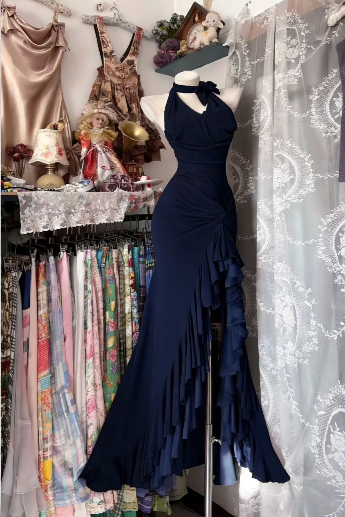 Halter Sheath Navy Blue Prom Dress with Slit