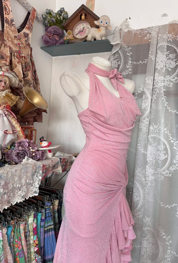 Halter Sheath Pink Prom Dress with Slit