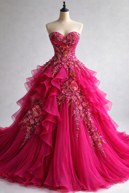 Hot Pink Tulle A-Line Formal Dress