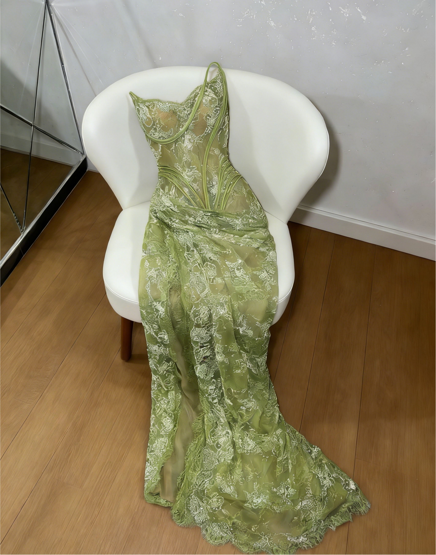 Lace Sweetheart Sheath Green Slit Long Evening Dress