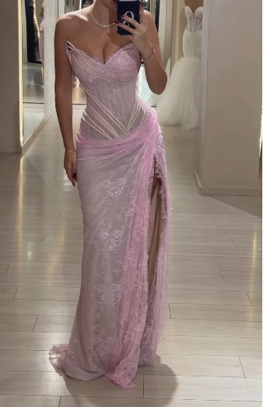 Lace Sweetheart Sheath Pink Slit Long Evening Dress