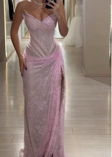 Lace Sweetheart Sheath Pink Slit Long Evening Dress