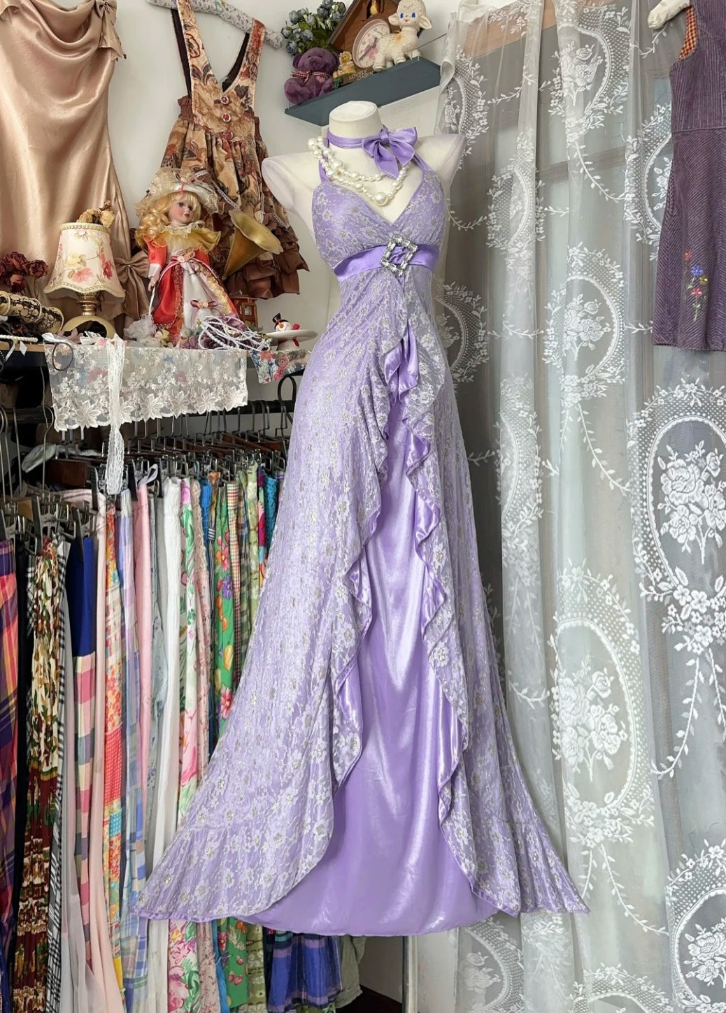 Lilac Satin Sheath Halter Long Evening Dress