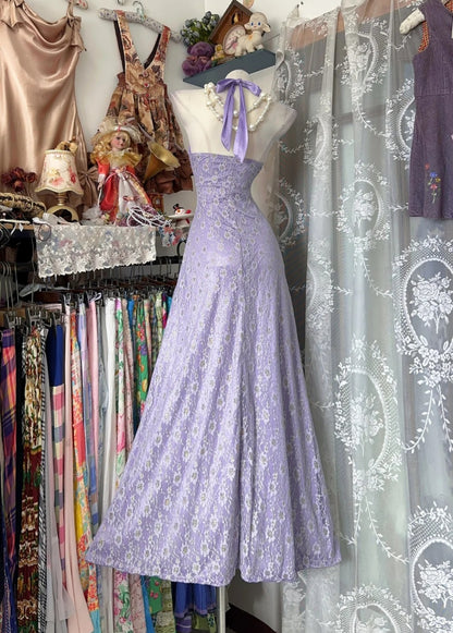Lilac Satin Sheath Halter Long Evening Dress