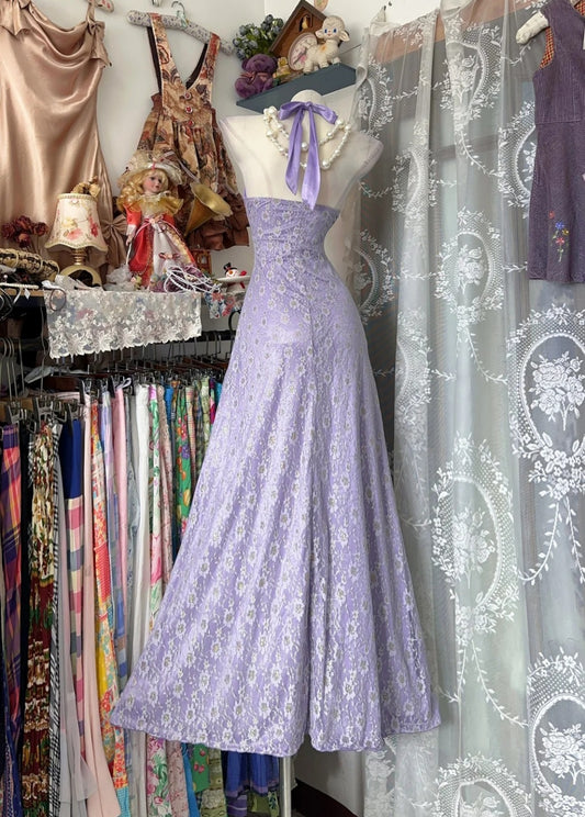 Lilac Satin Sheath Halter Long Evening Dress