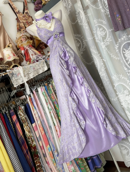 Lilac Satin Sheath Halter Long Evening Dress