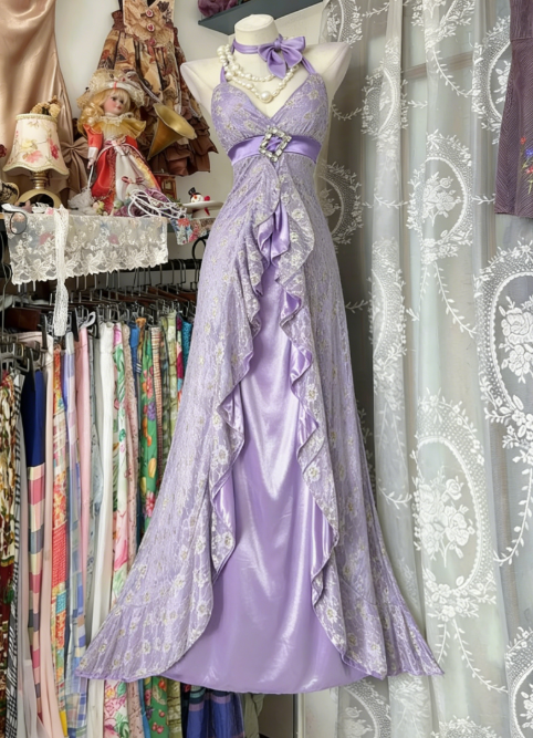 Lilac Satin Sheath Halter Long Evening Dress