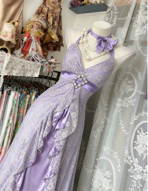 Lilac Satin Sheath Halter Long Evening Dress