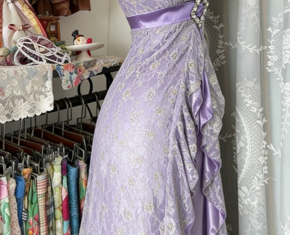 Lilac Satin Sheath Halter Long Evening Dress