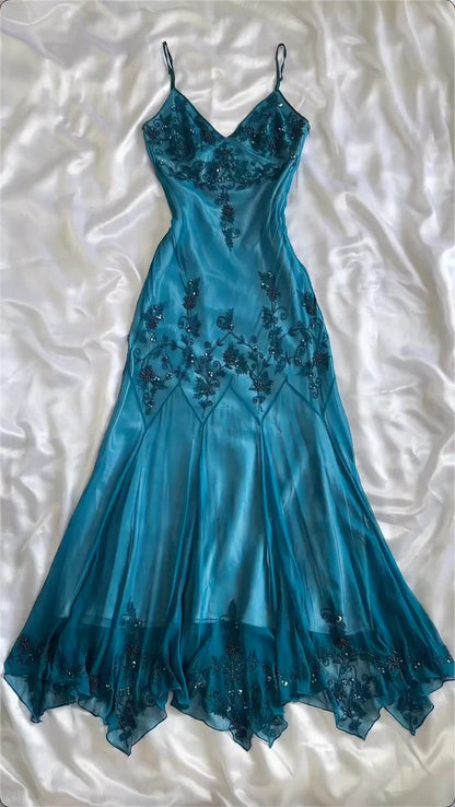 vintage Prom Dress Spaghetti Straps  Blue 🩵Chiffon Sheath Evening Dress with Beading 
