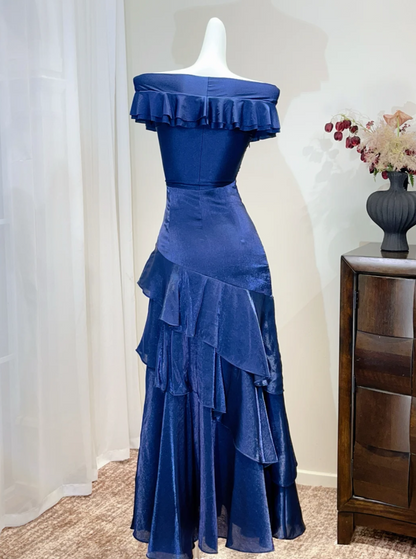  Navy Blue Off-shoulderA-Line Satin Long Formal Dress